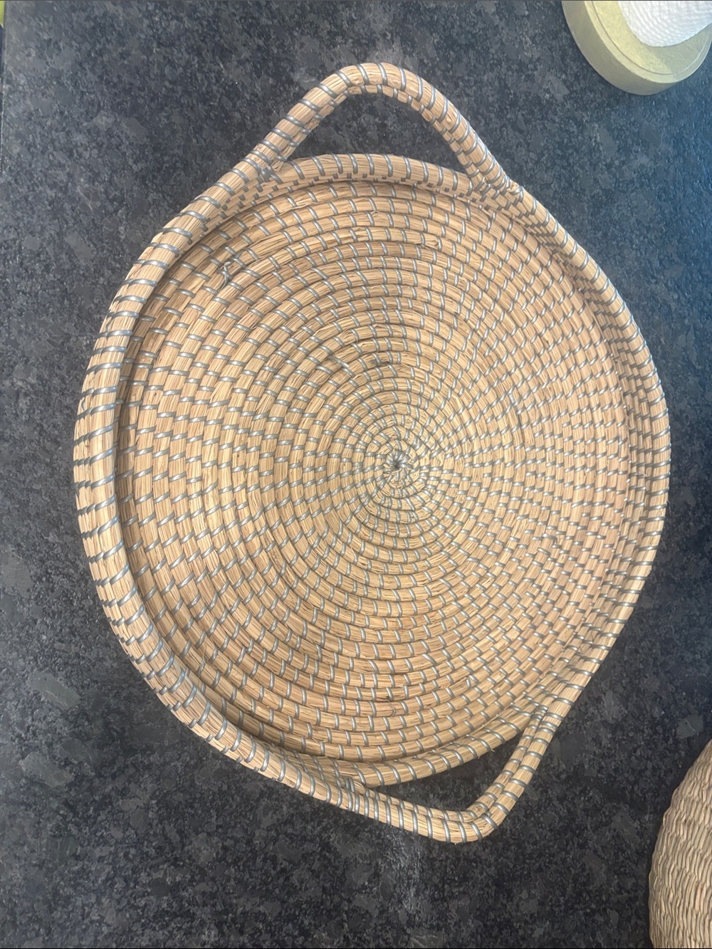 Natural Woven Round Serving Tray with Handles - Beige